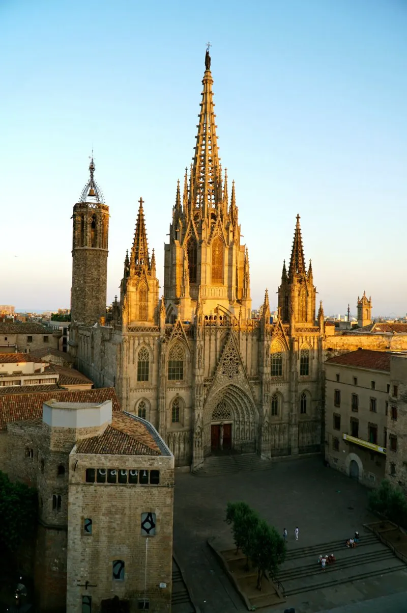 Sunset hour at the Barcelona Cathedral in the Gothic Quarter.