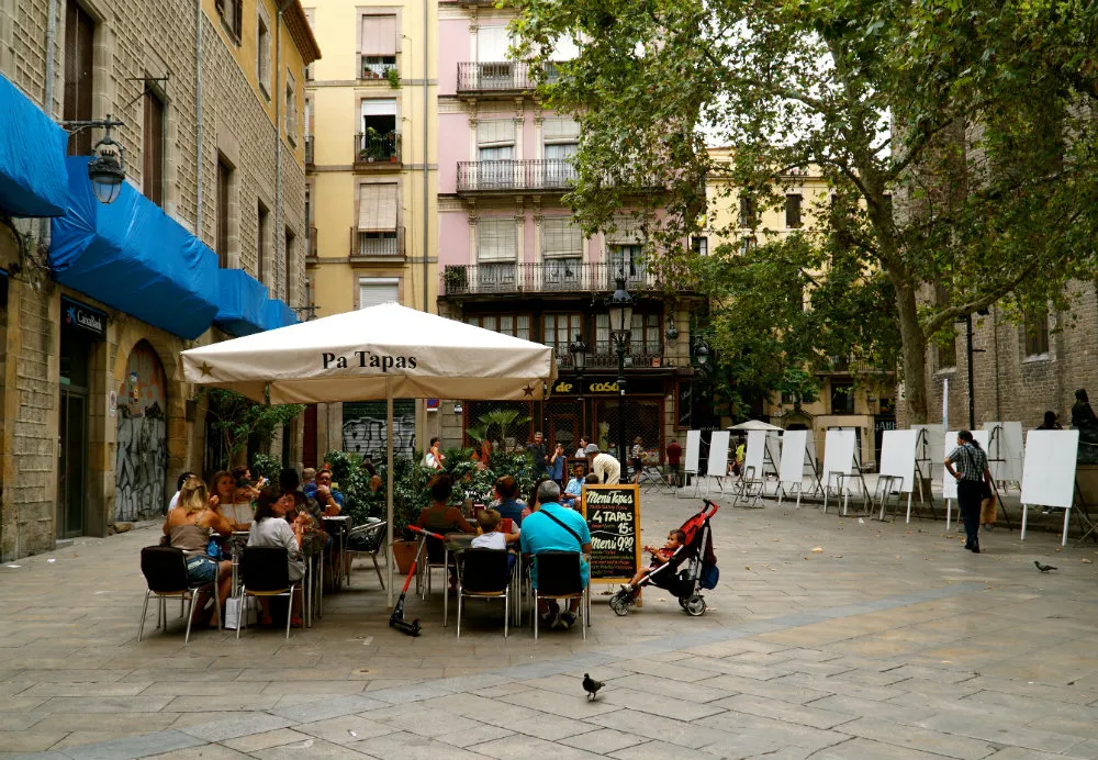 Eating lunch in done of Barcelona's squares in the Gothic Quarter.