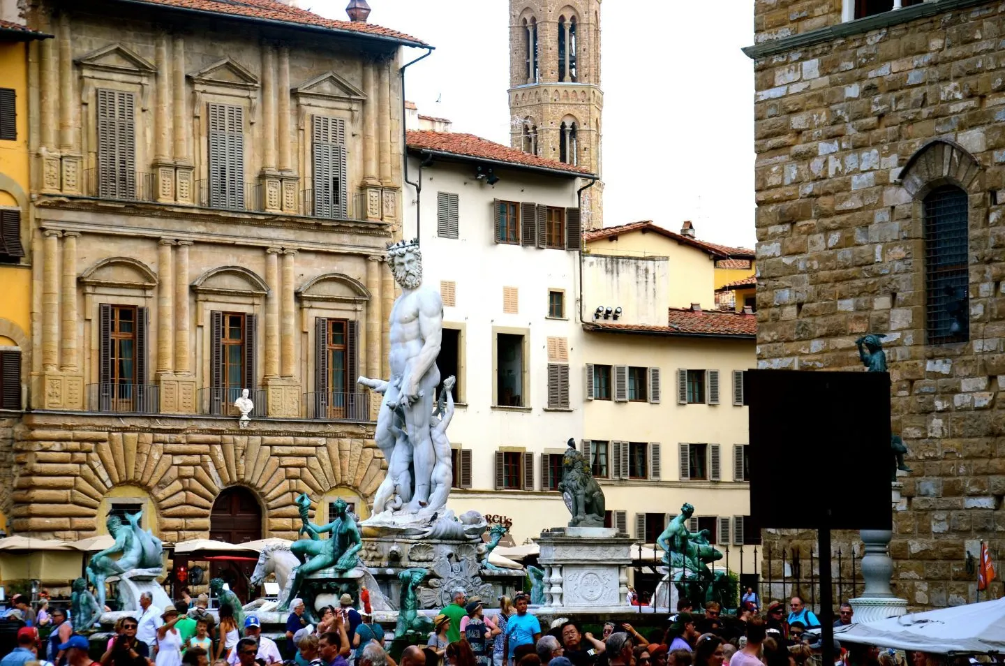 Statues all around in the piazza della Signoria in Florence Italy.