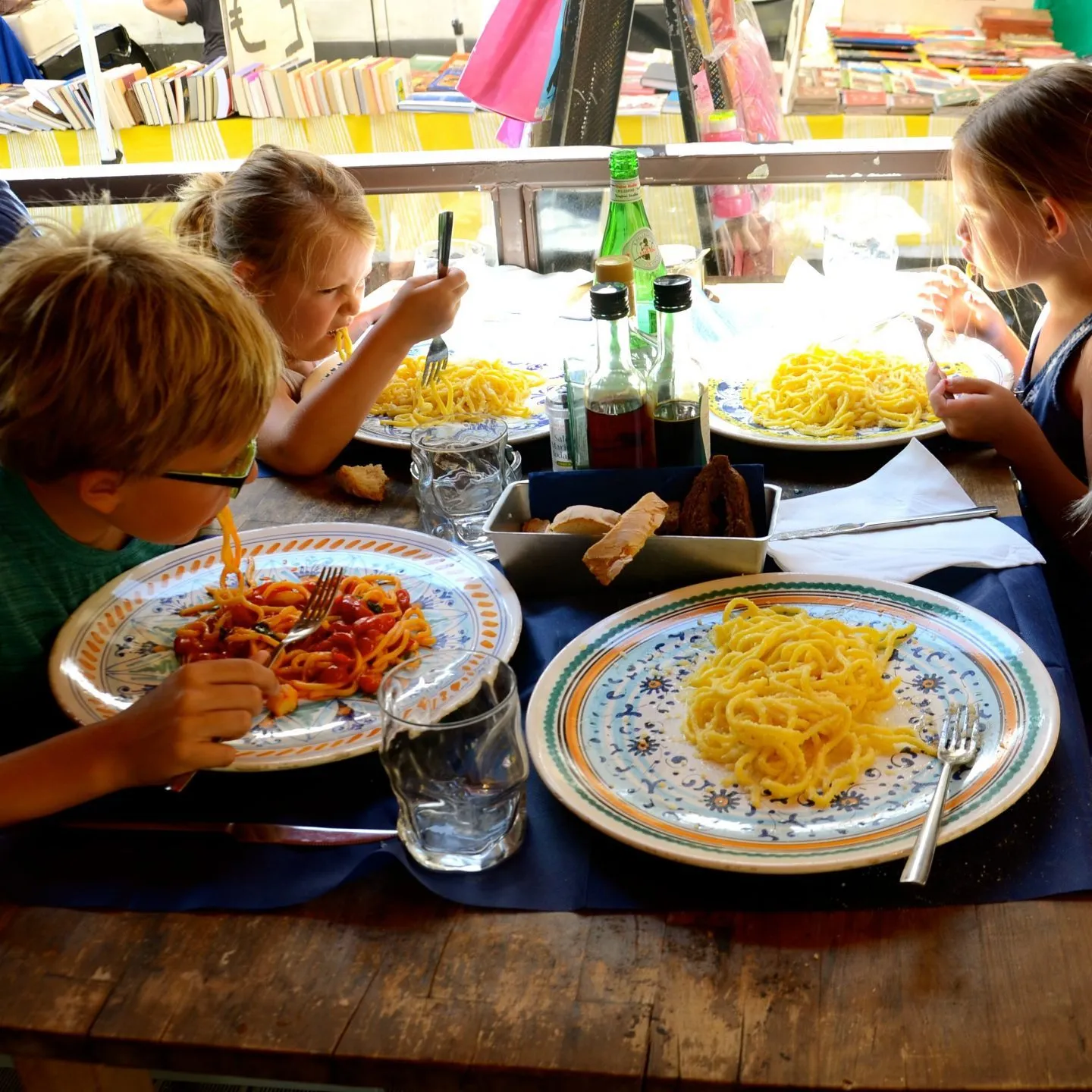 Chowing down on spaghetti in Florence.