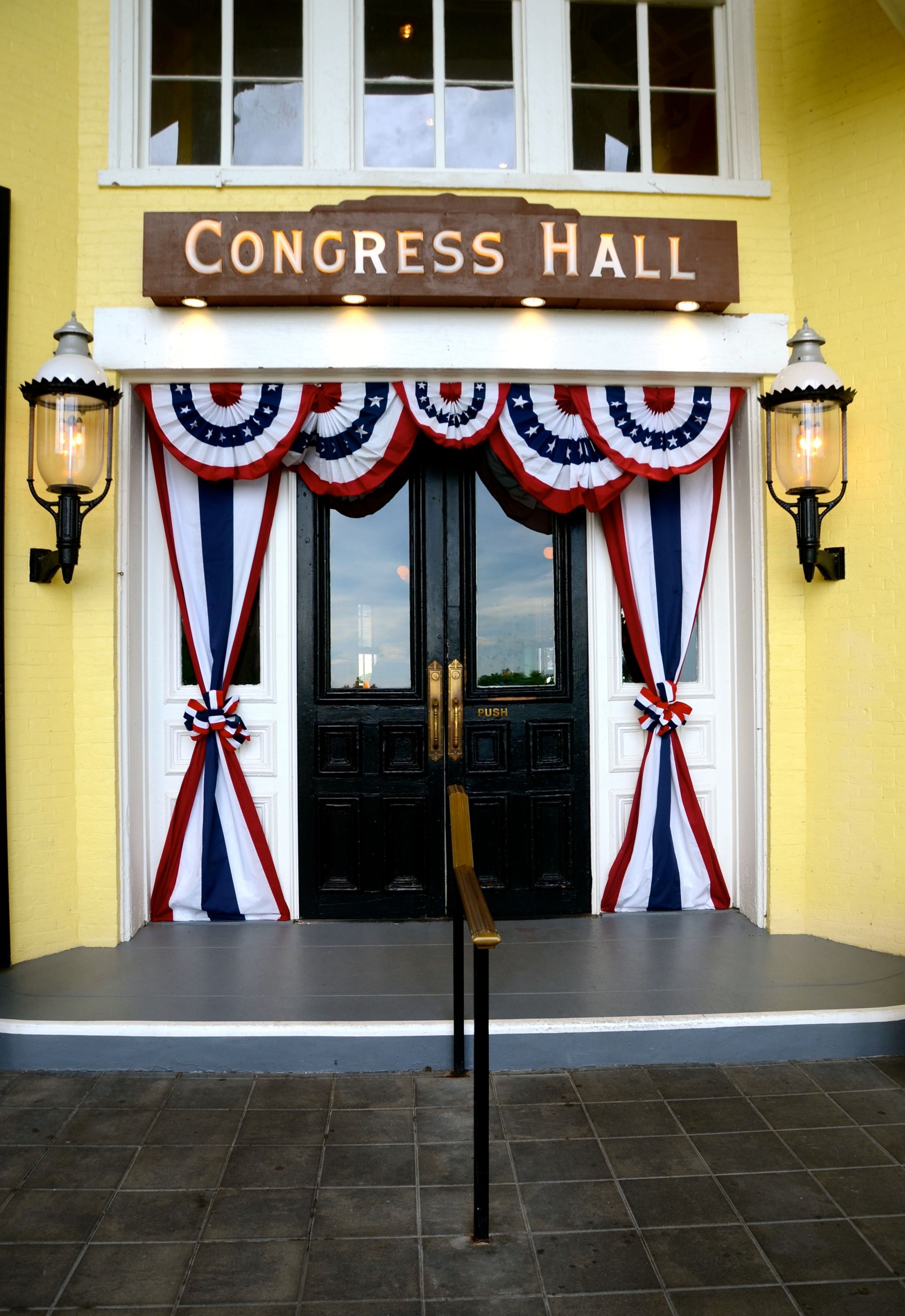 Congress hall hotel's entrance in Cape May, NJ with Independence Day decor.