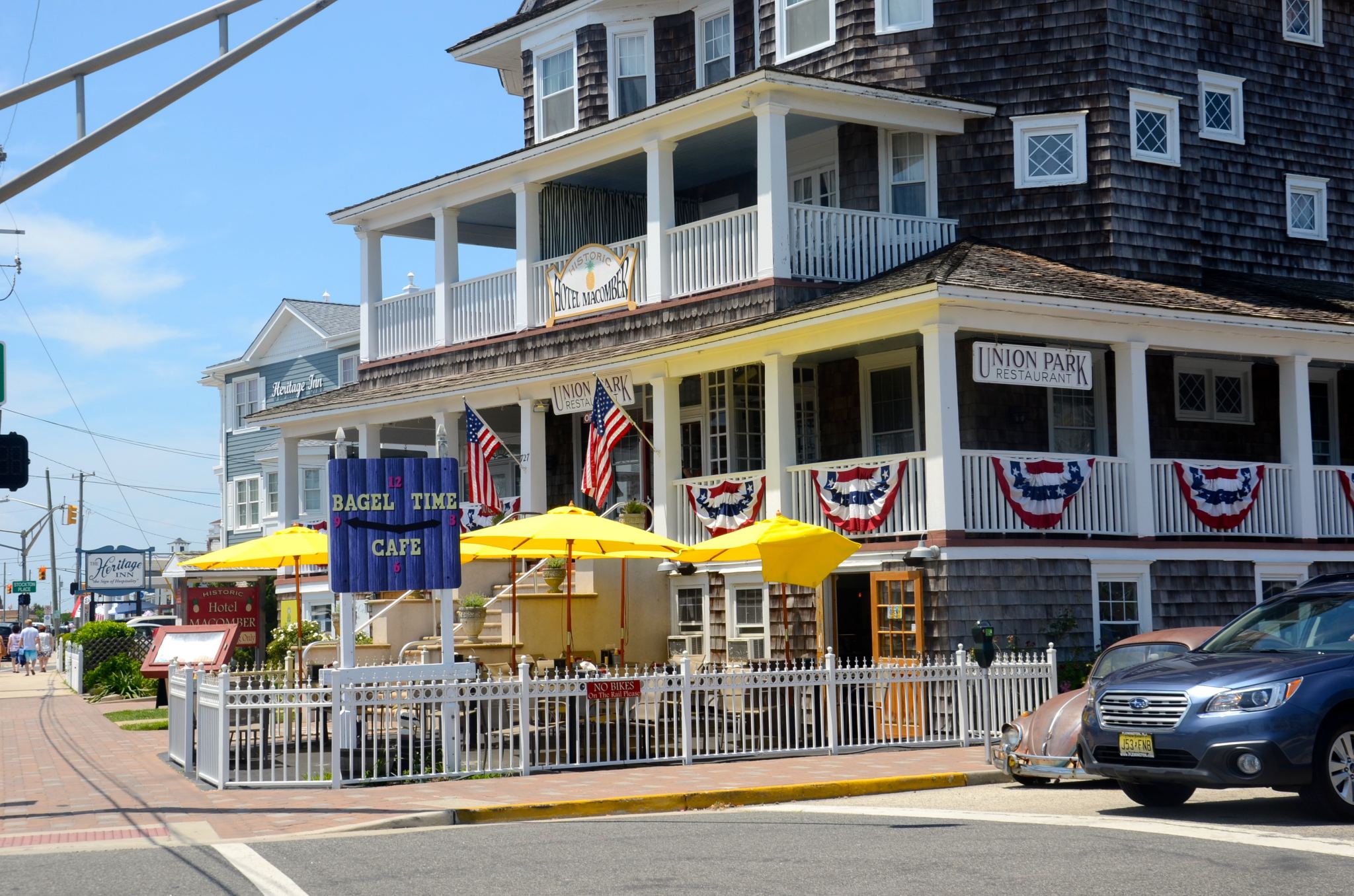 Union Park restaurant with Independence Day decor in Cape May, NJ.