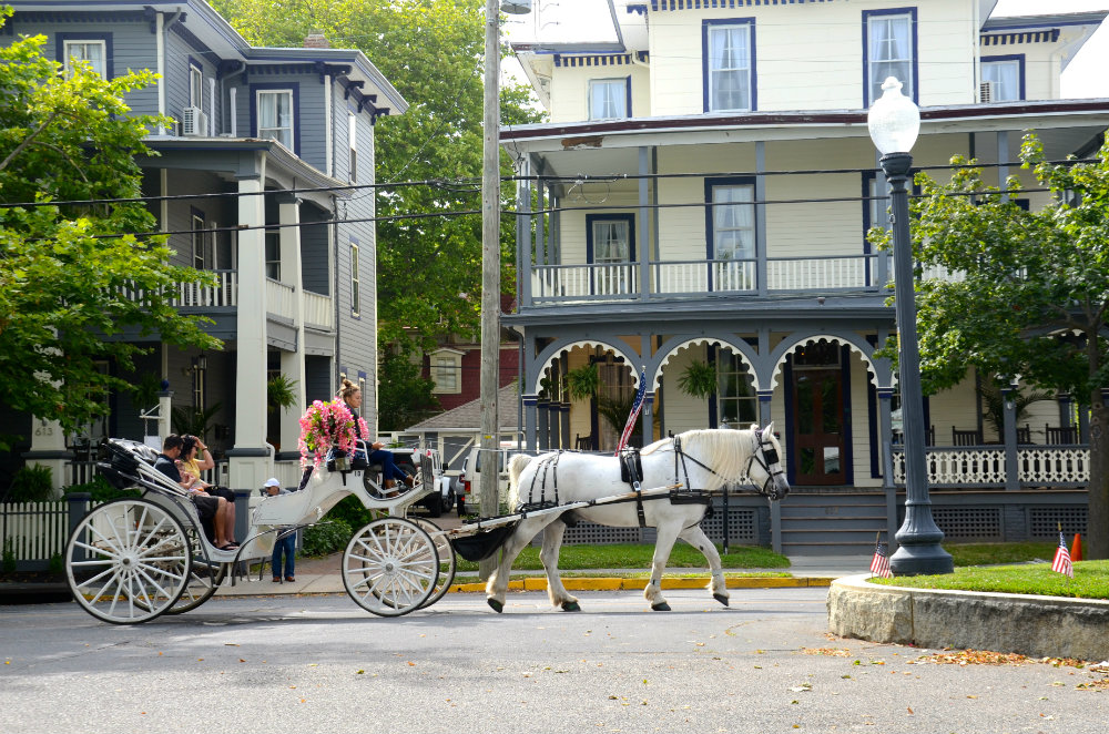 A horse drawn carriage walking by in the Cape May historic district.