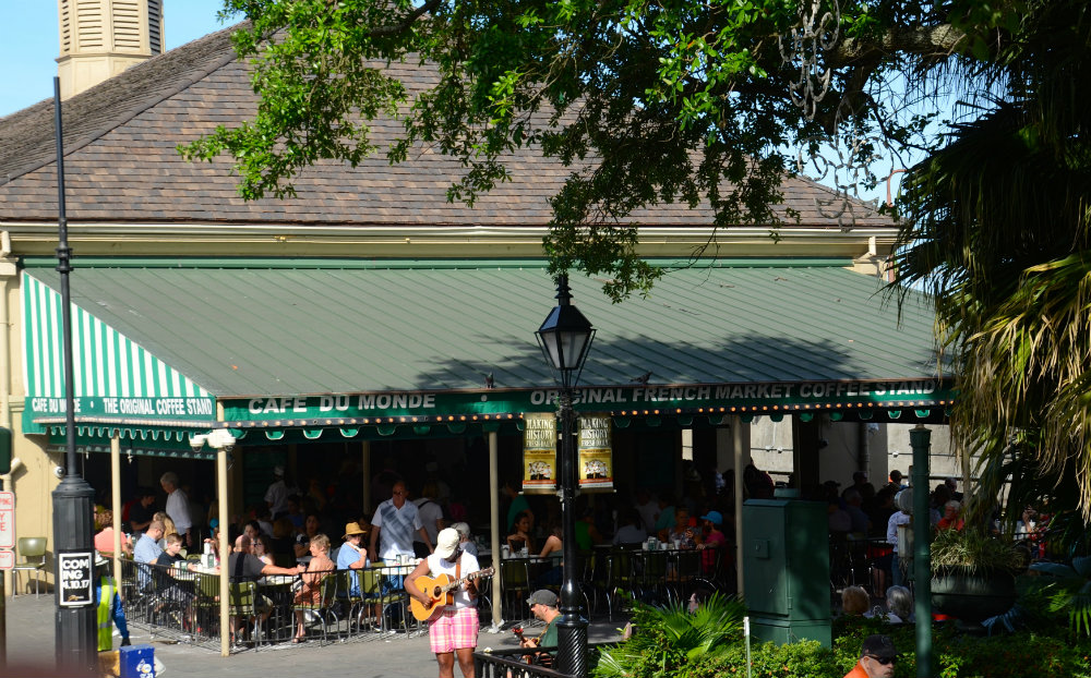 Looking out at Cafe du Monde from the hop on hop off bus in the French Quarter in New Orleans.