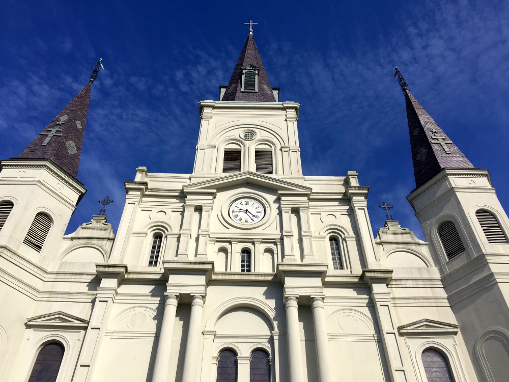 Looking up at St. Louis Cathedral in the French Quarter in New Orleans.
