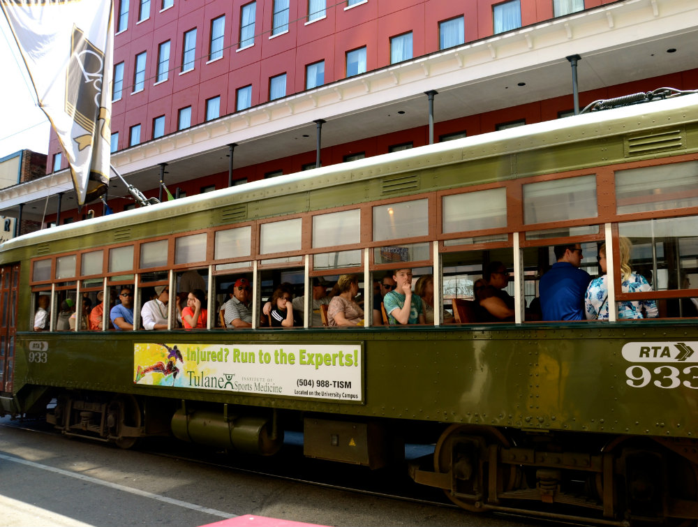 Riding the streetcar in New Orleans.