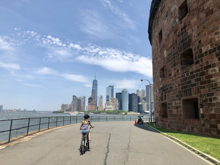 Biking around the perimeter of Governors Island in New York