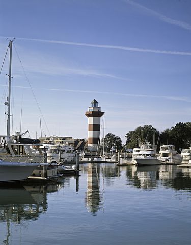 The iconic red and white lighthouse at Harbour Town on Hilton Head island.