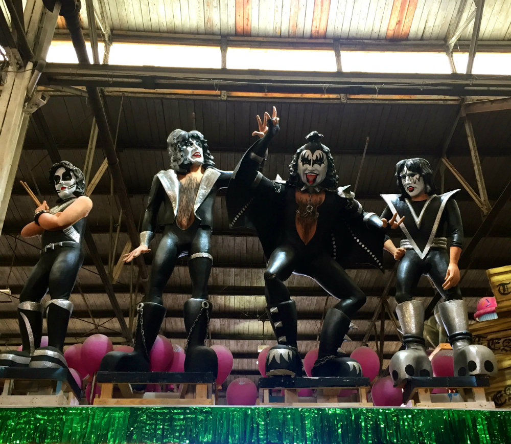 Looking up at the Kiss float at Mardi Gras World in New Orleans