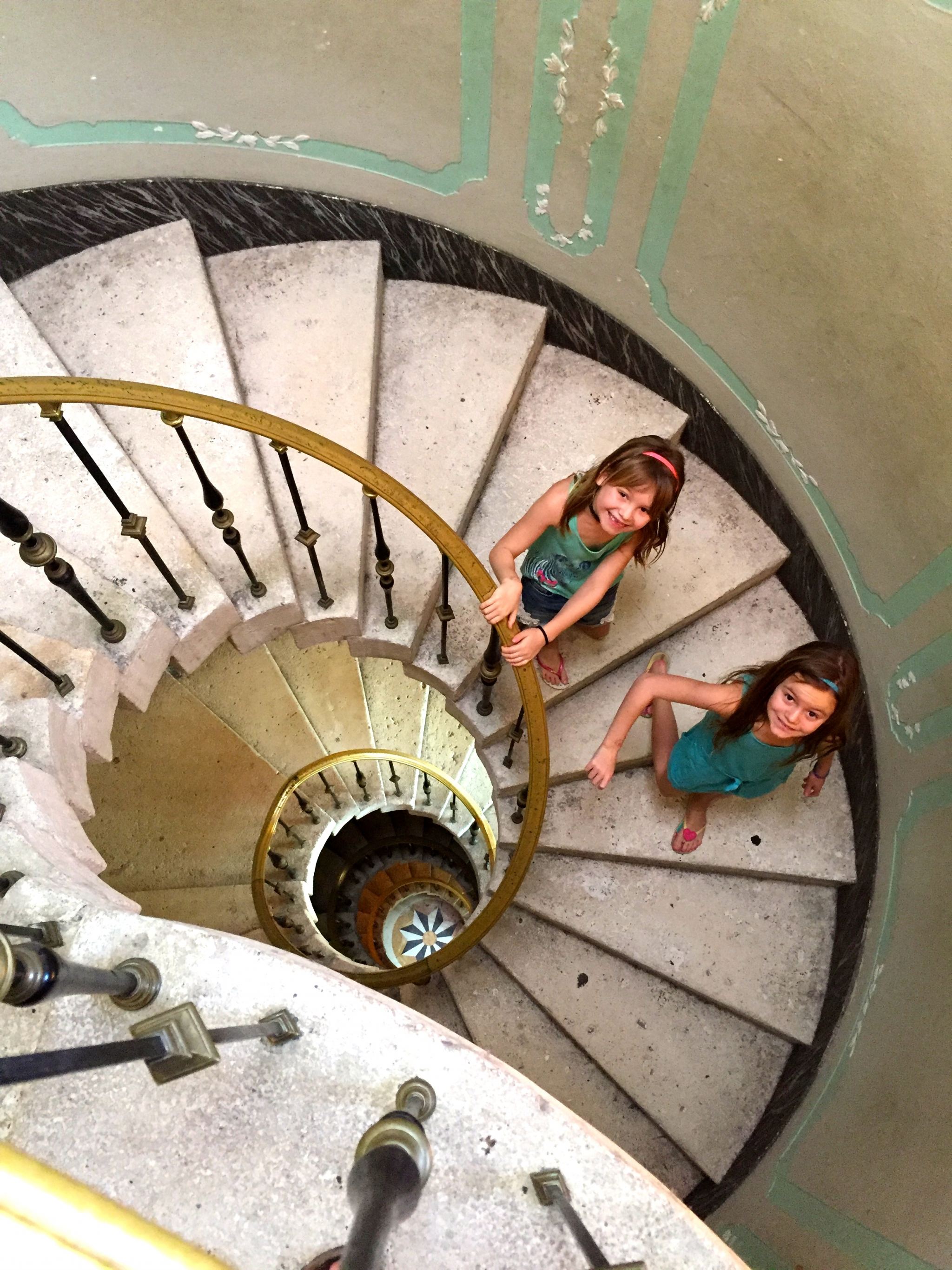 family activities in Miami, discovering spiral staircases at Vizcaya Museum in Coconut Grove Miami.