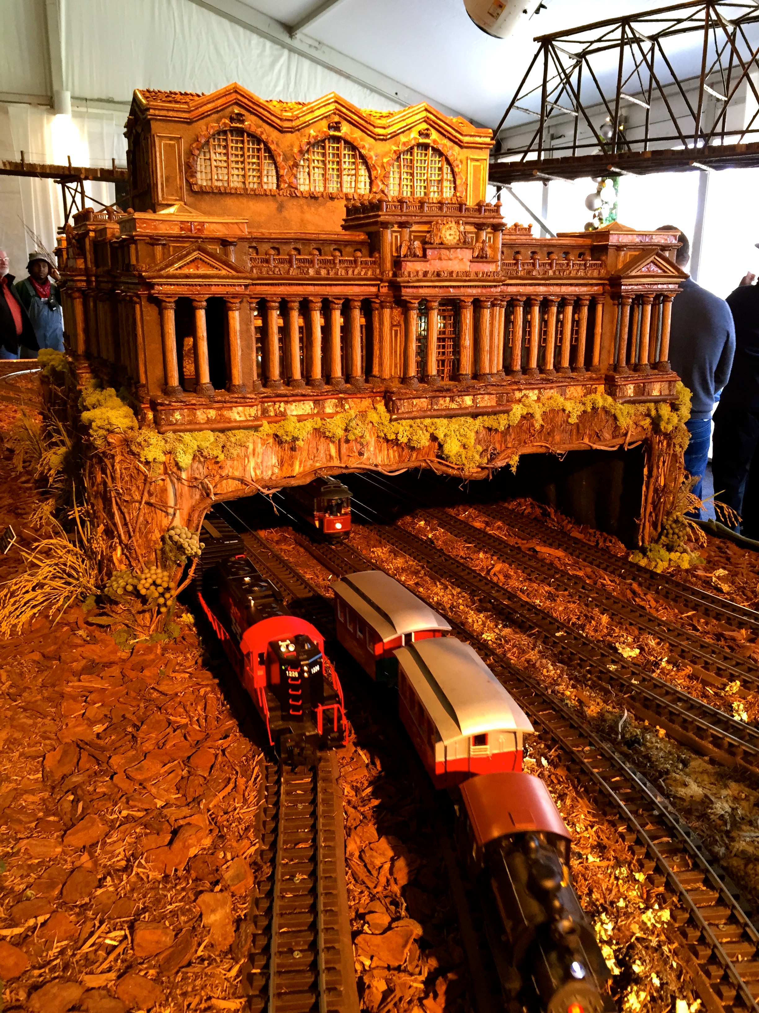 Trains on tracks at the Holiday Train Show at the New York Botanical Garden