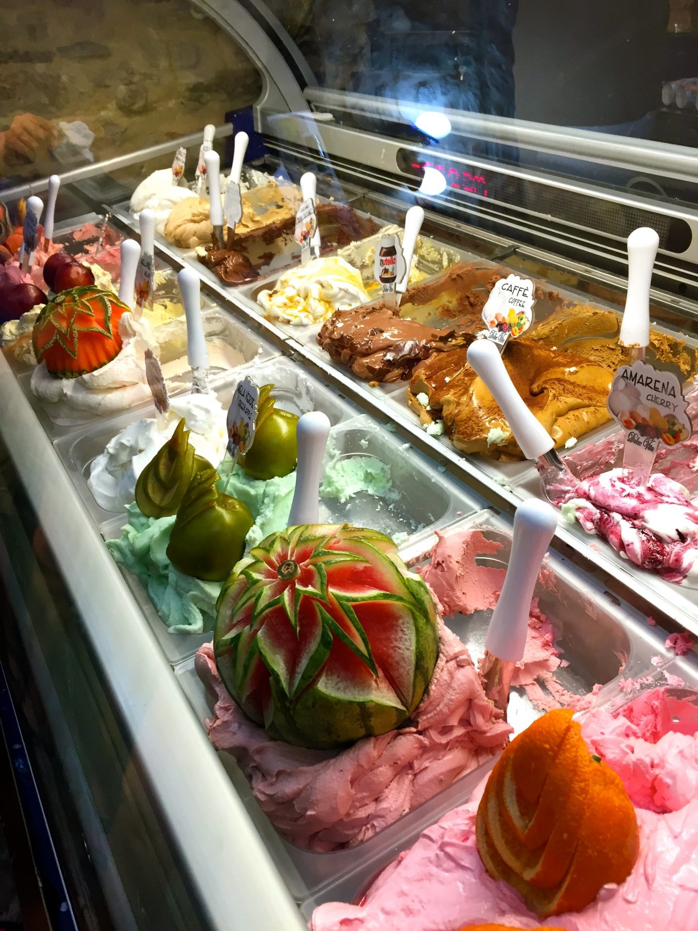 Gelato flavors at a gelataria in Rome