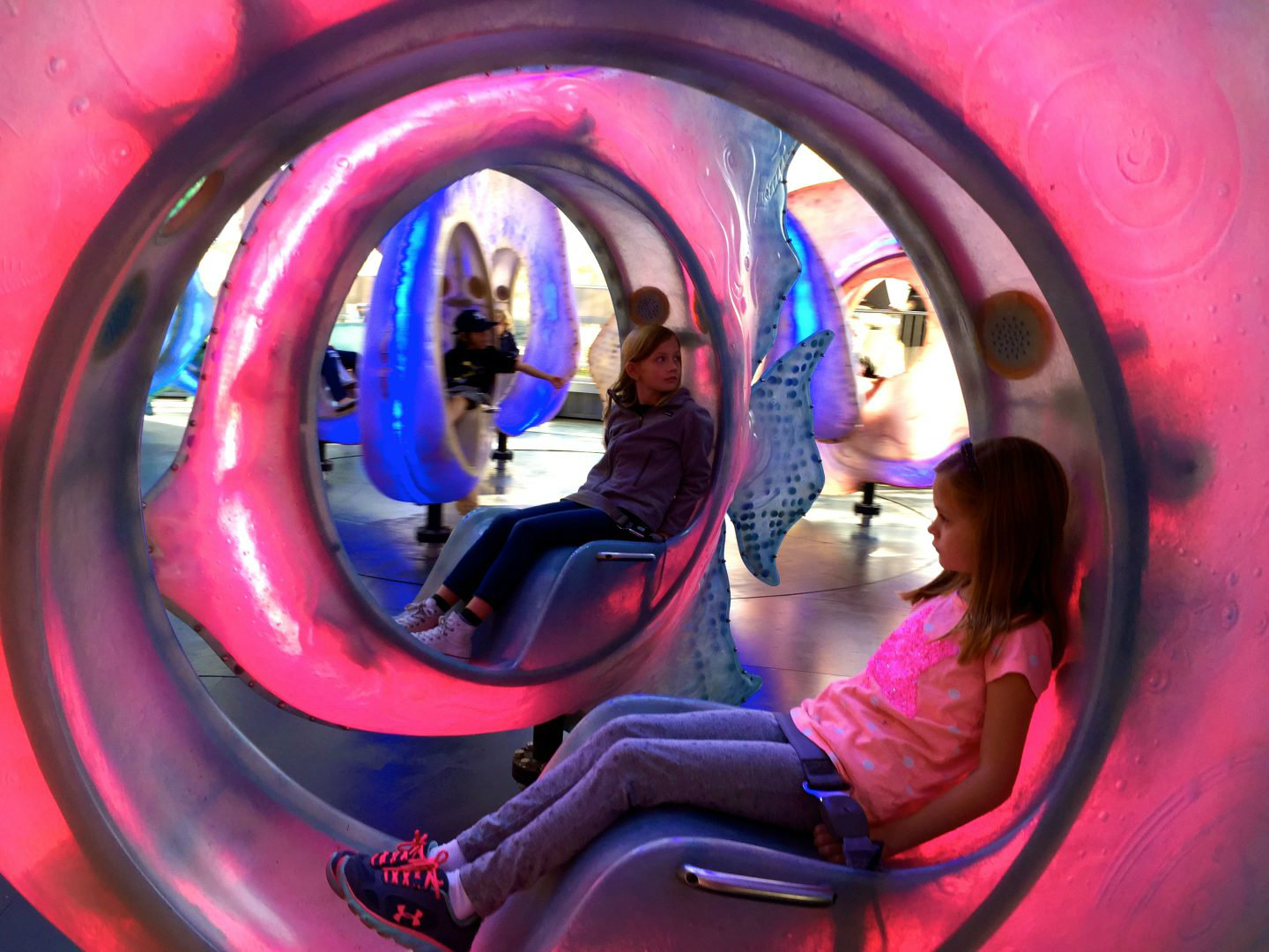 Inside the fish on the Seaglass carousel in Battery Park, New York City.