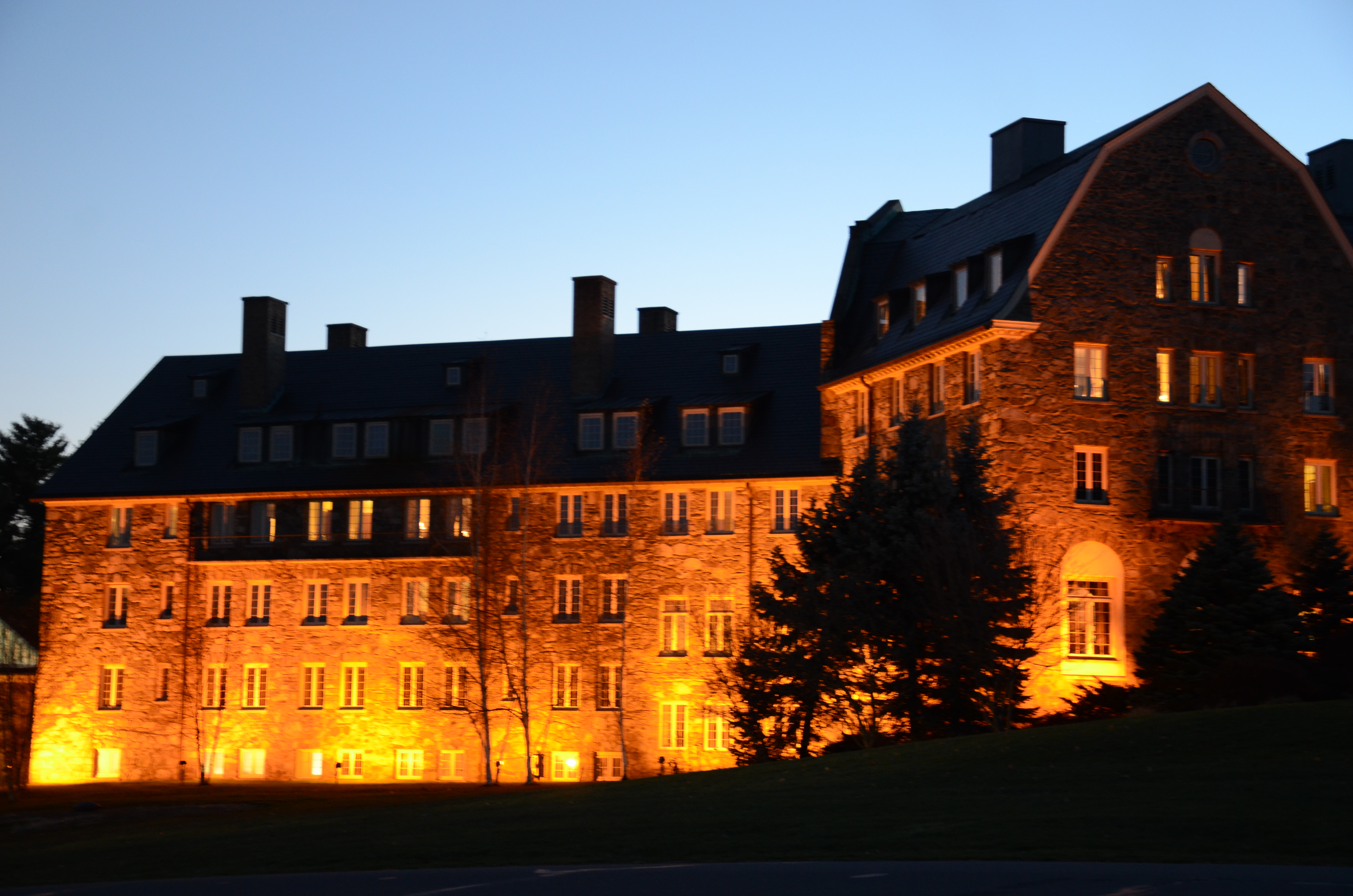 Skytop Lodge lit up at night in Skytop, Pennsylvania
