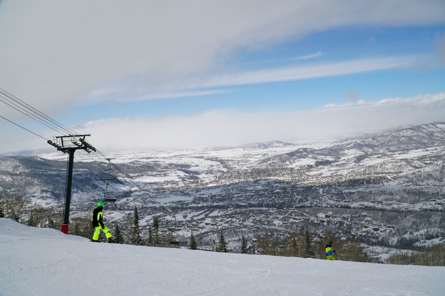 Skiing down the mountain at Steamboat Springs ski resort