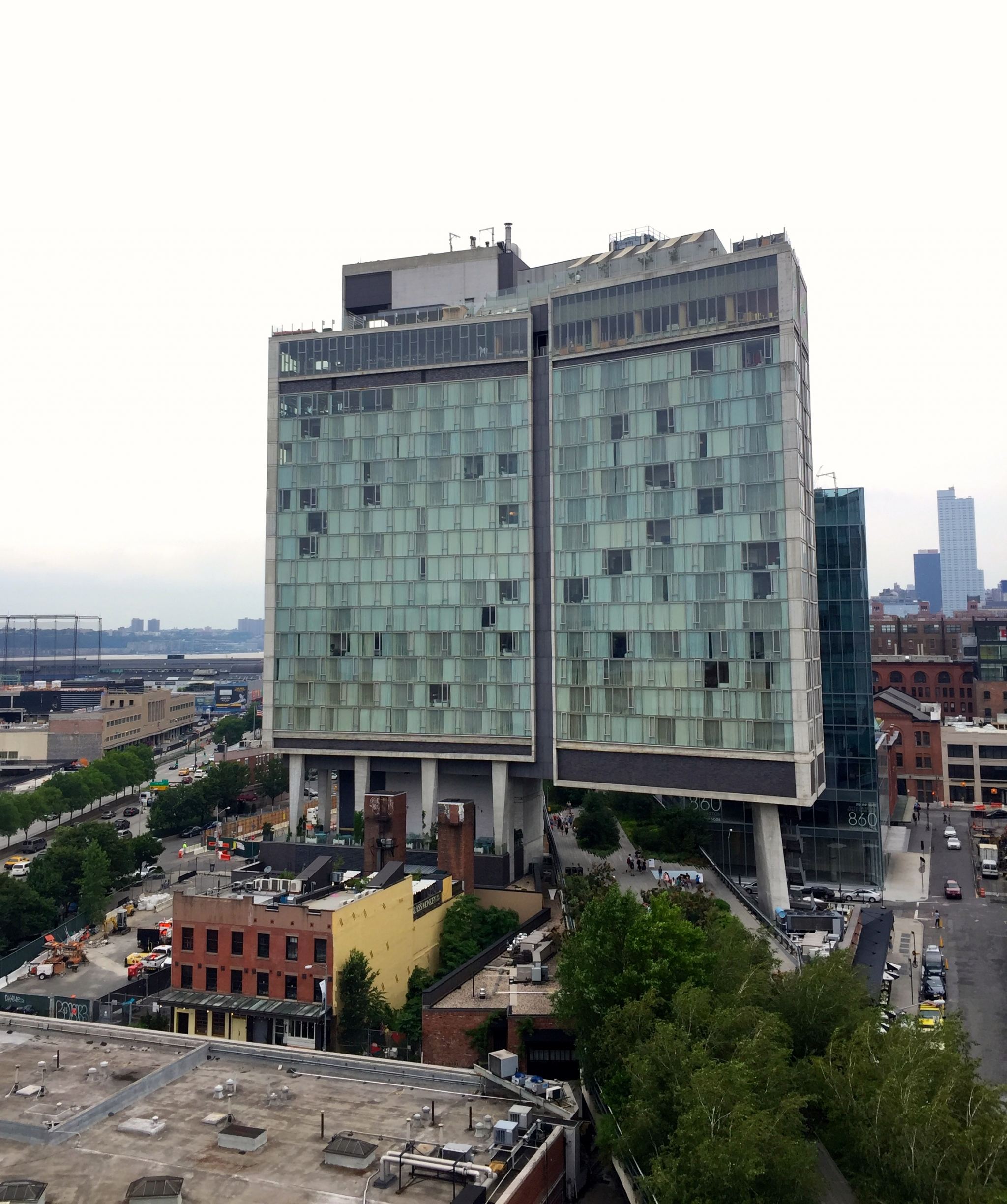 View of the Standard hotel in New York City in the summer.