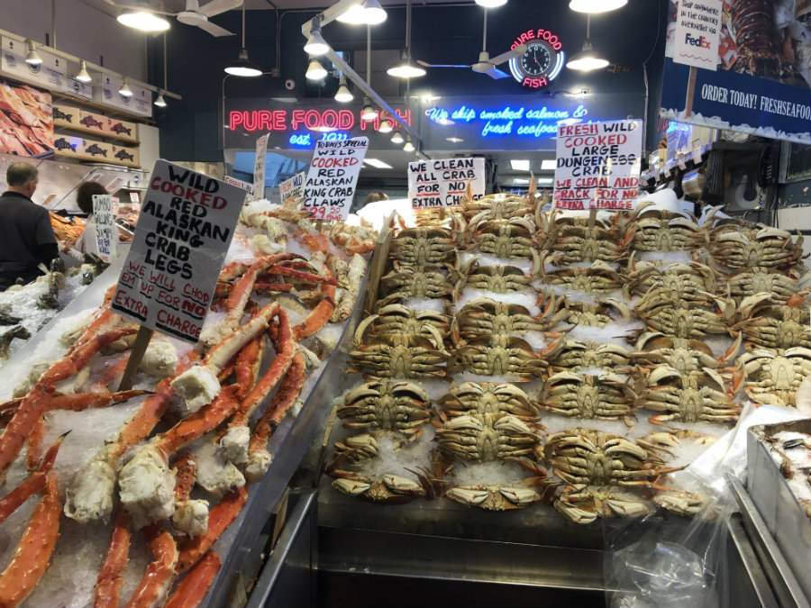 Looking at the crabs at Pike Place Market in Seattle