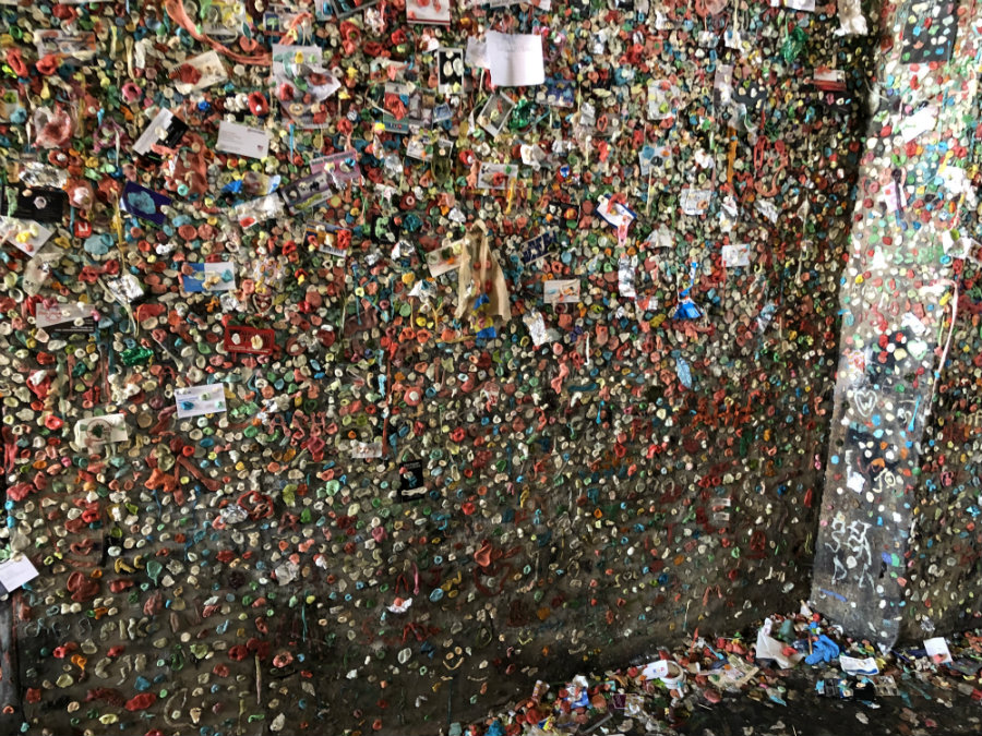 Checking out the gum wall on Post Alley in Seattle