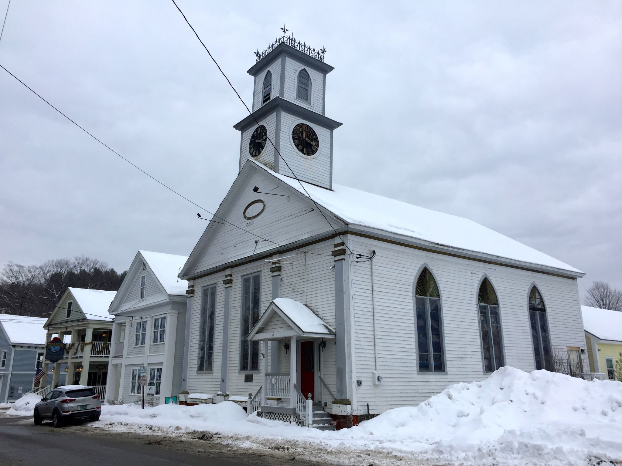 A gothic church surrounded by snow in Wilmington Vermont