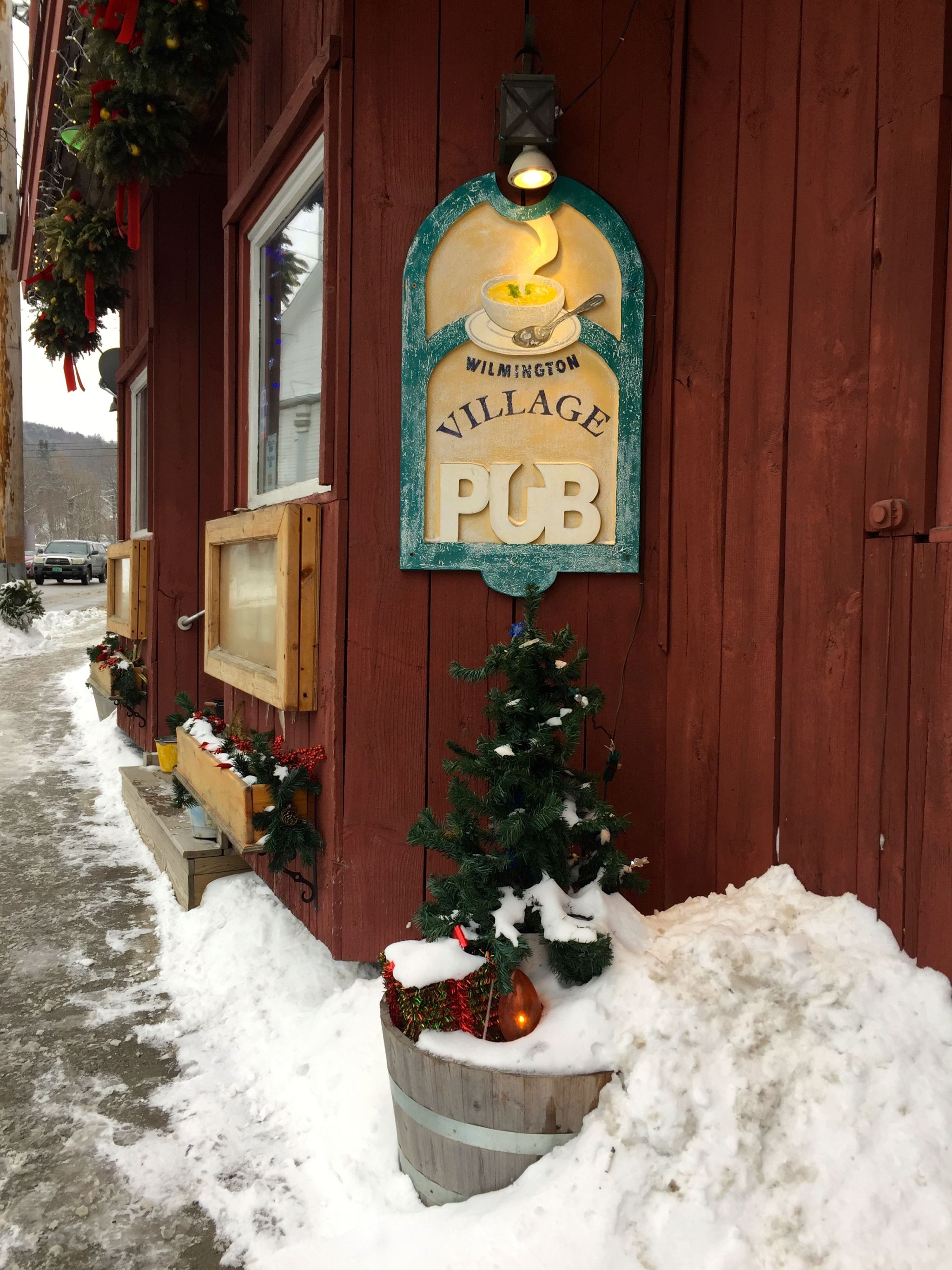 Pub laden with snow in Wilmington Vermont