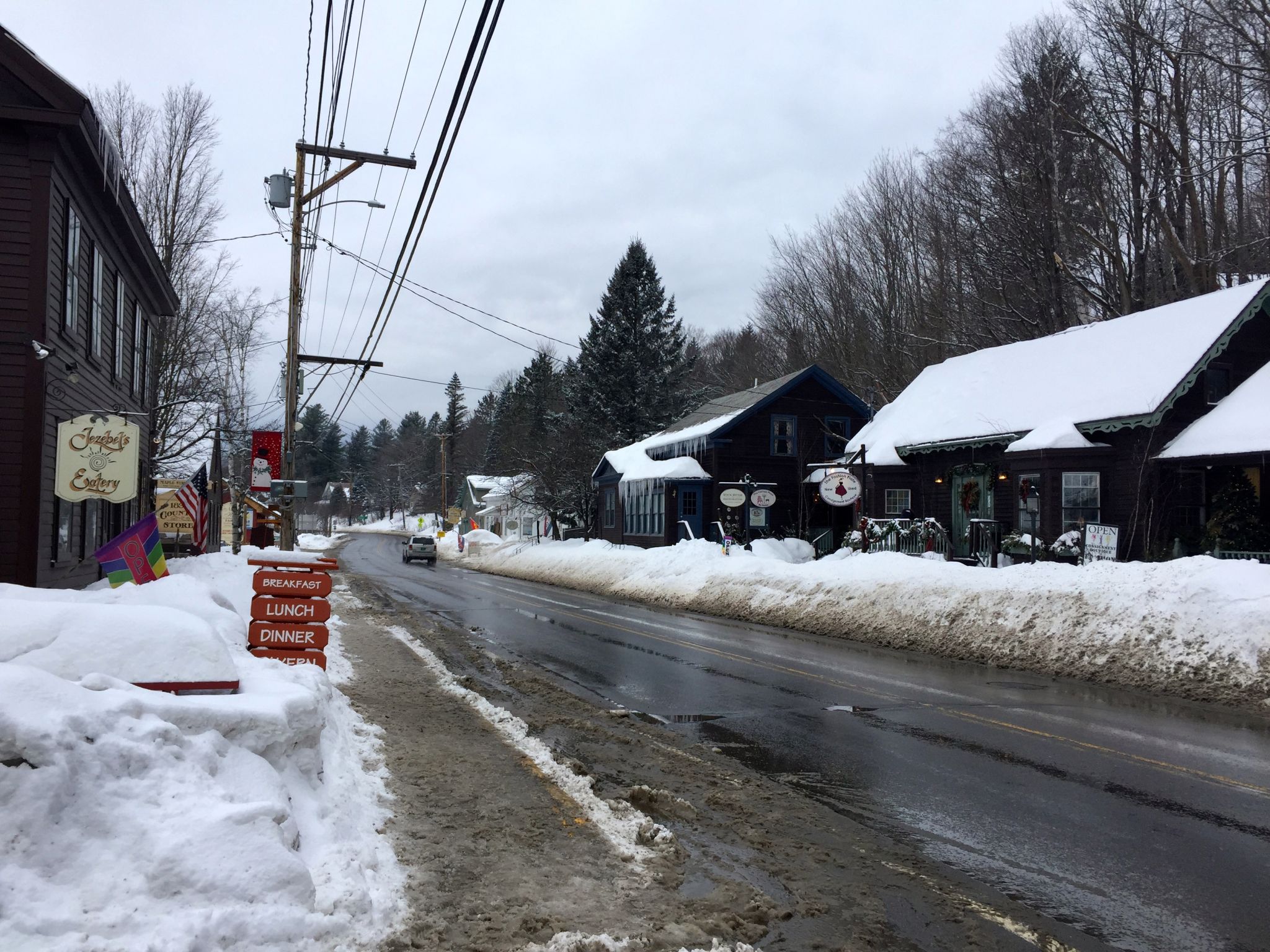The snow covered town of Wimington Vermont in winter